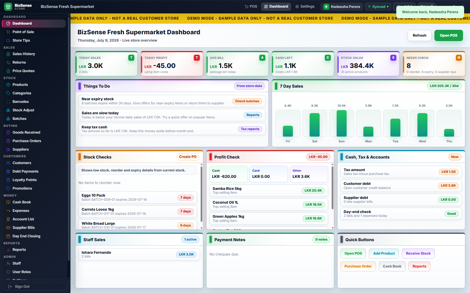 SuperMarket POS dashboard with live sales, profit, stock checks, cash and account summary
