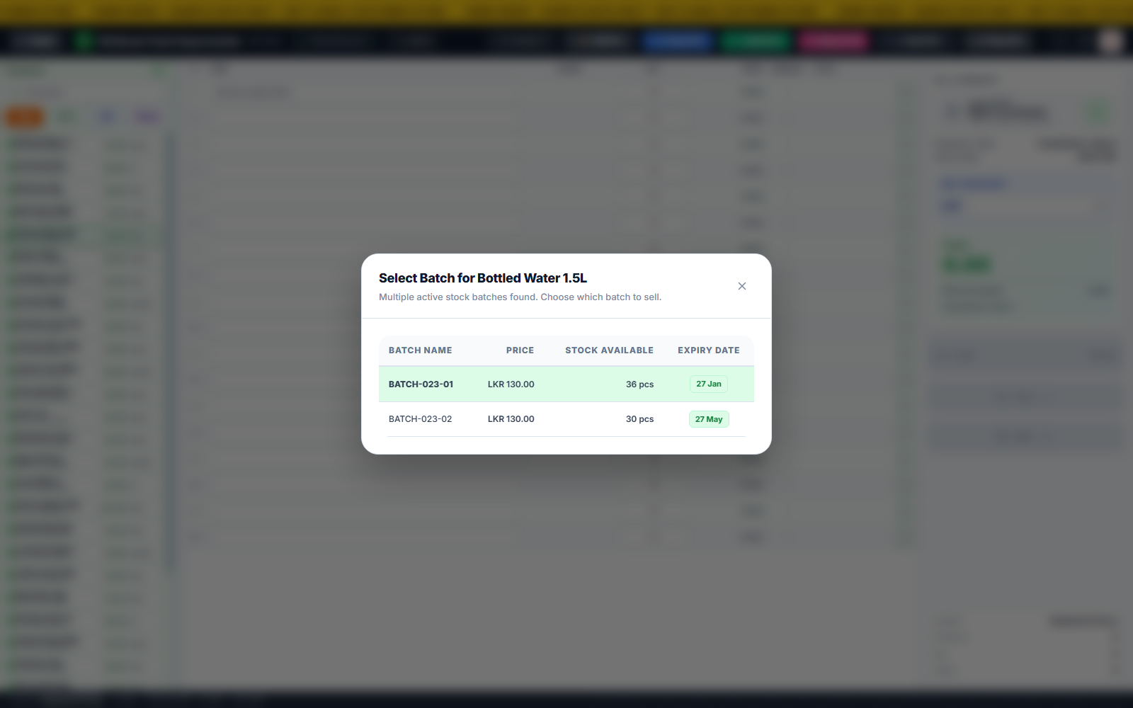 POS billing screen with product search, batch selection, bill summary and payment controls
