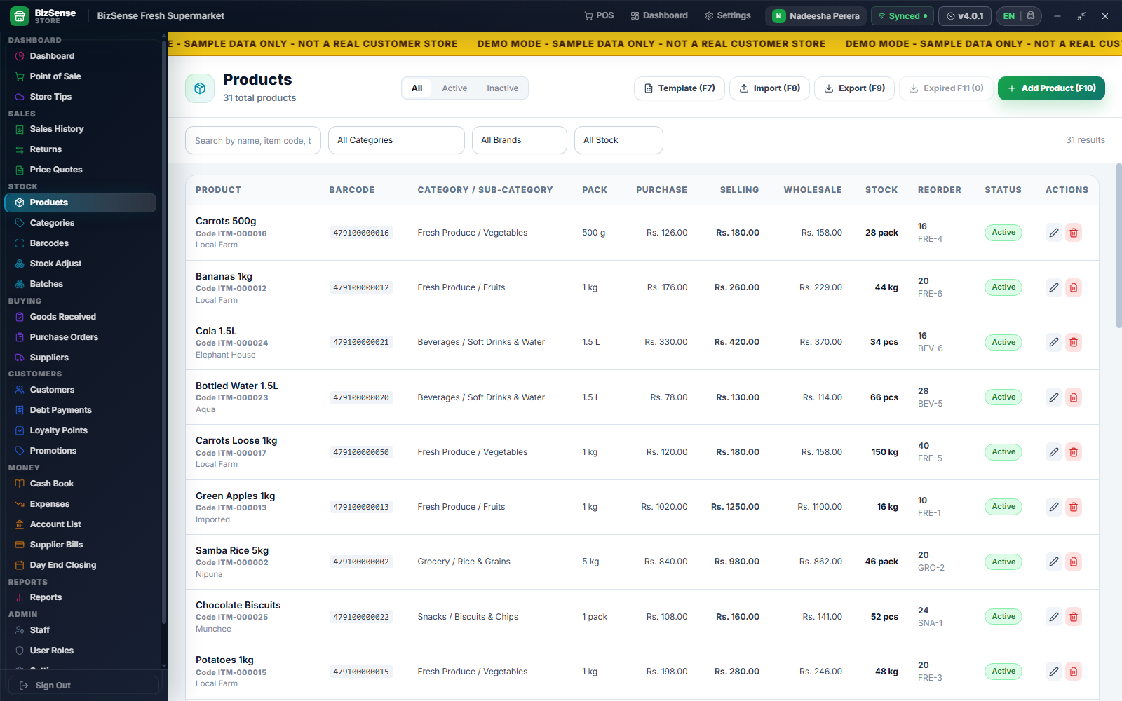 Products and stock list with prices, quantities and stock status