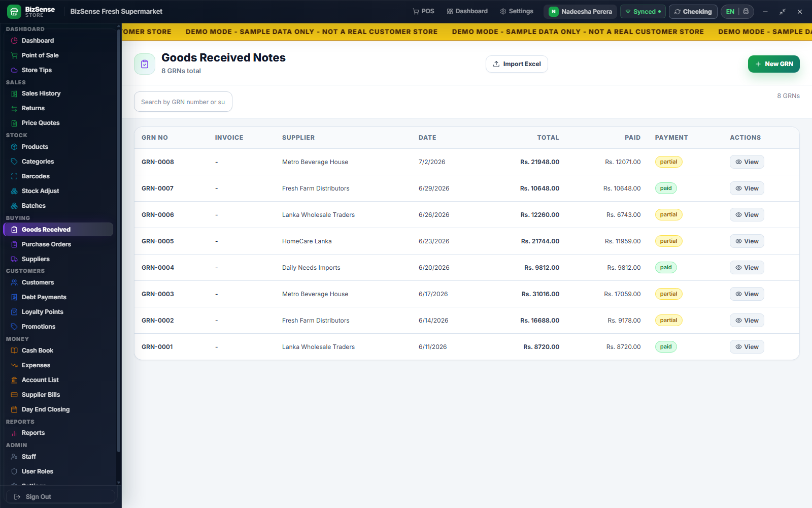 Goods received module for supplier invoice and stock receiving