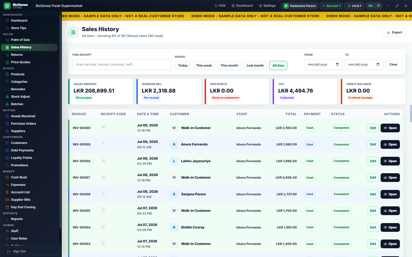 Sales history module with invoices and sale details