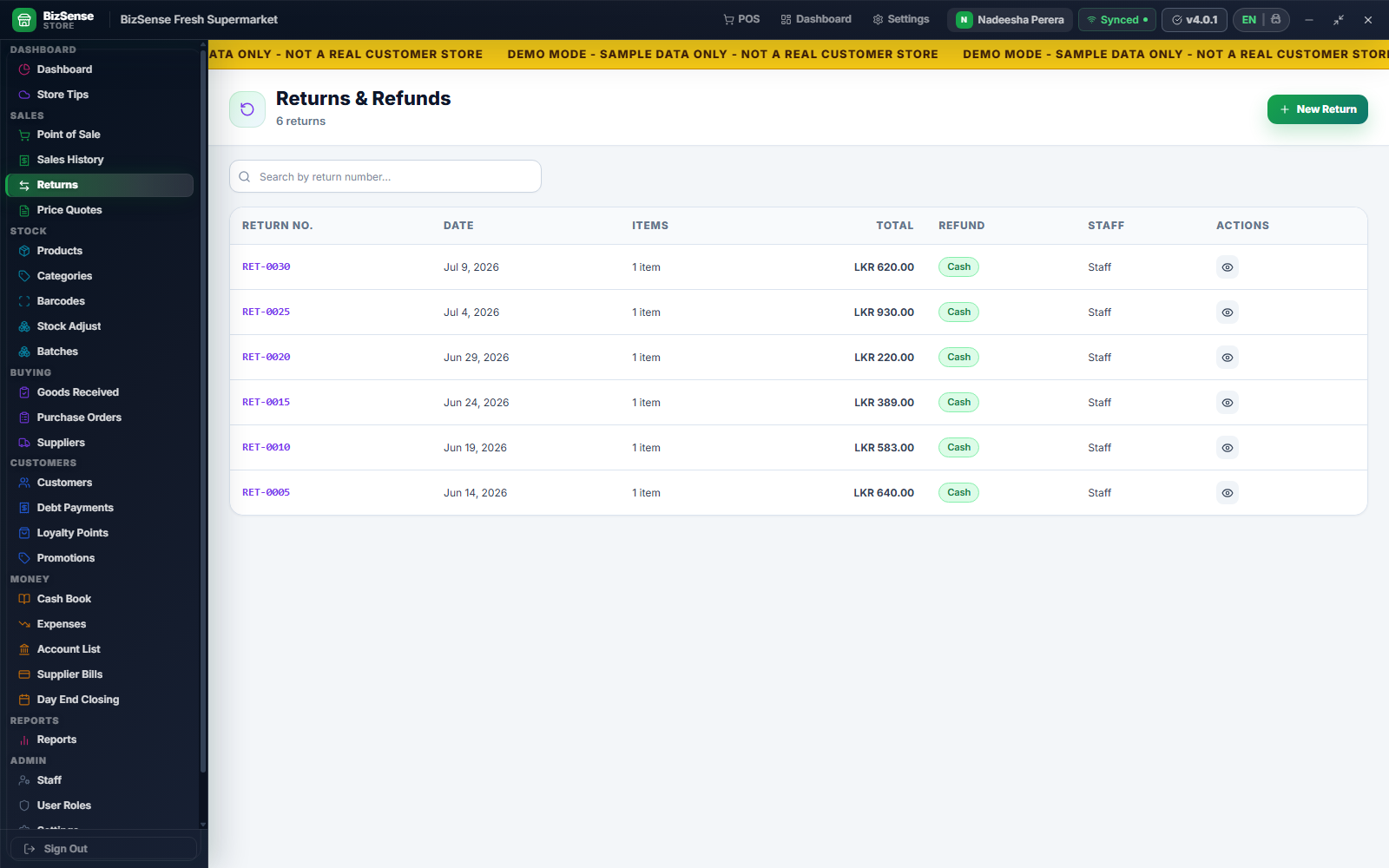 Returns workflow with refund and restock information