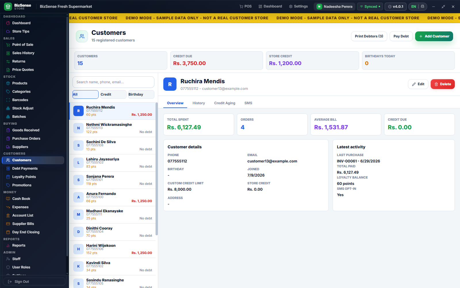 Customer list with loyalty, credit and purchase activity