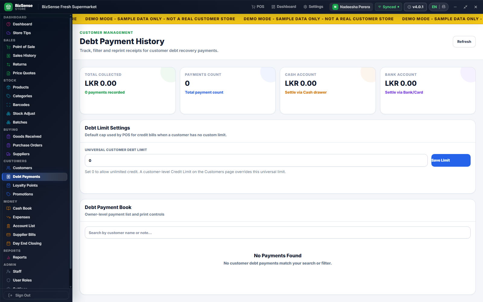 Debt payments module for customer credit settlement