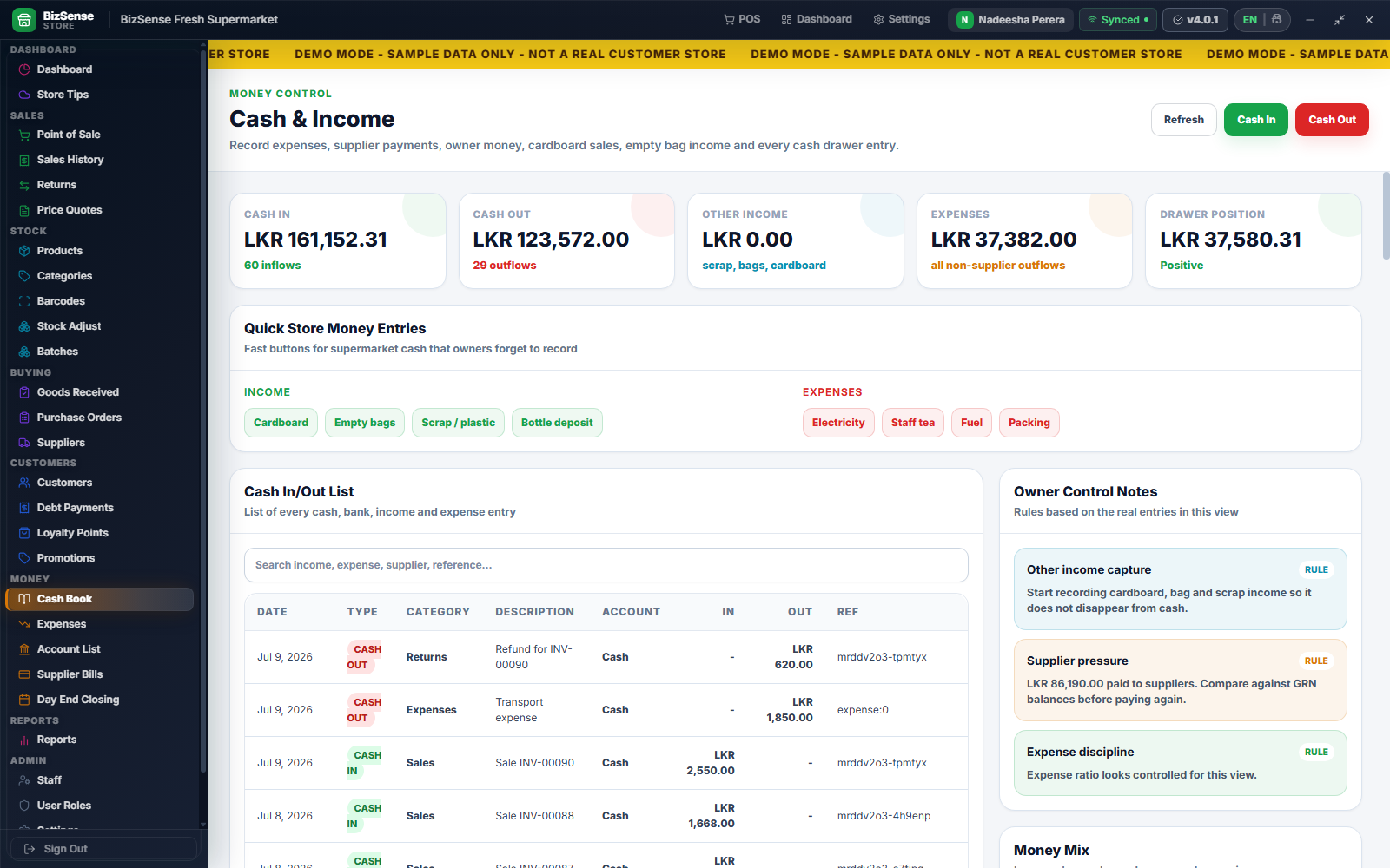 Cash book with cash in and cash out transactions