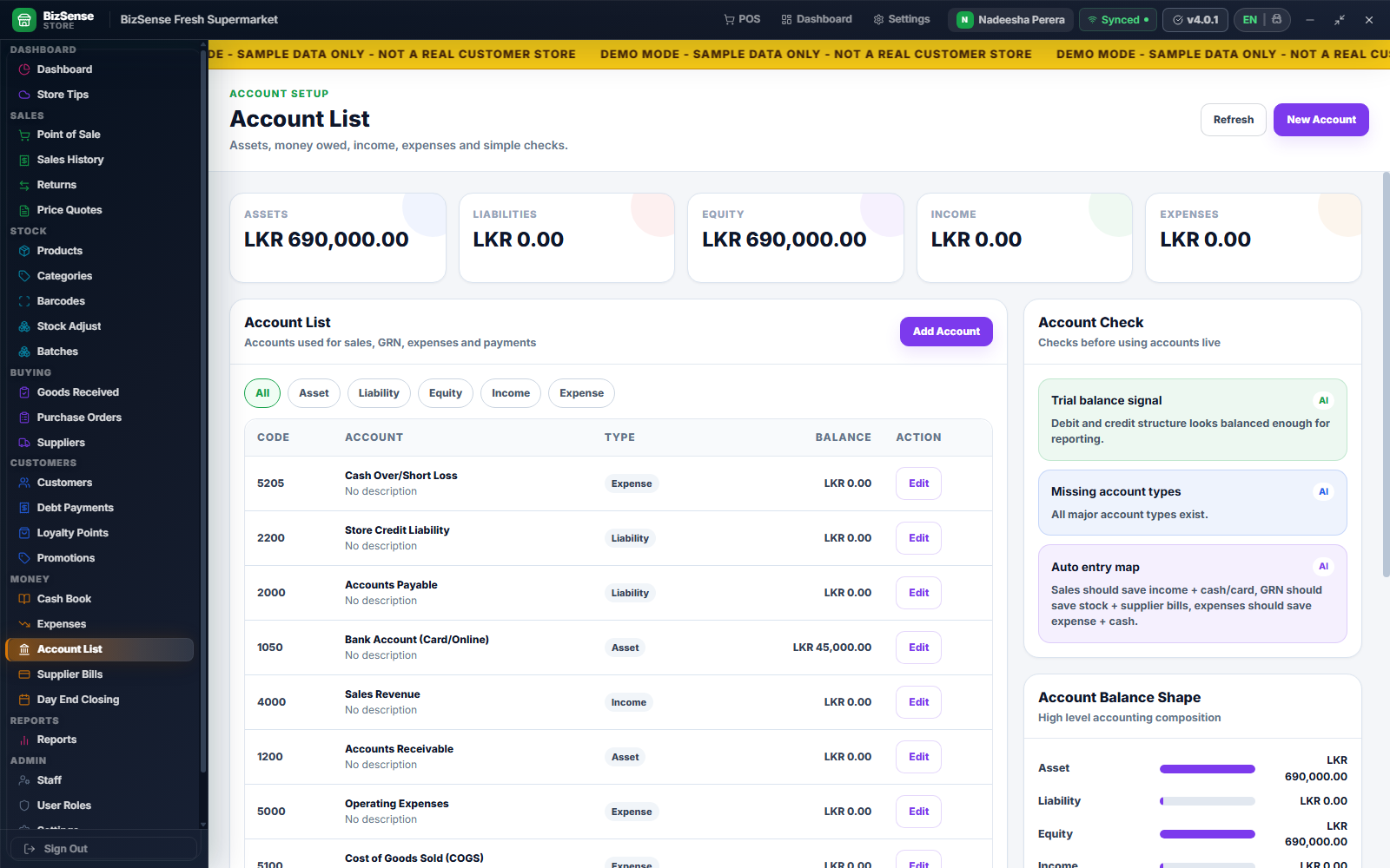 Accounting account list and balances