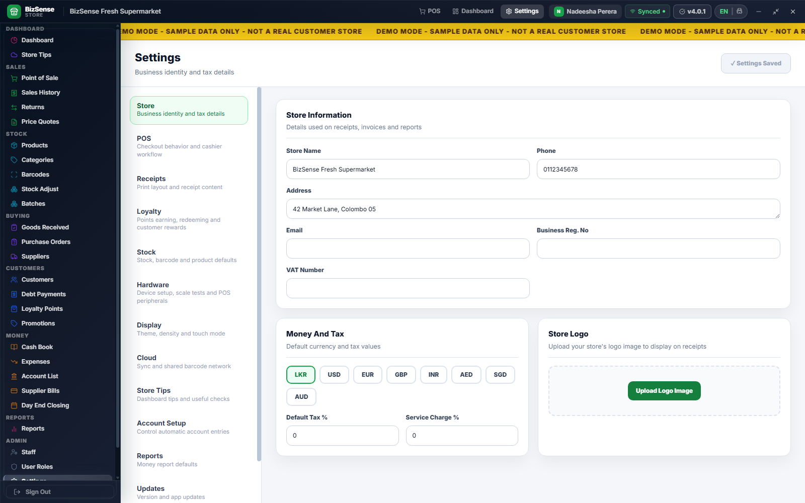 Settings module with shop, receipt and system customization
