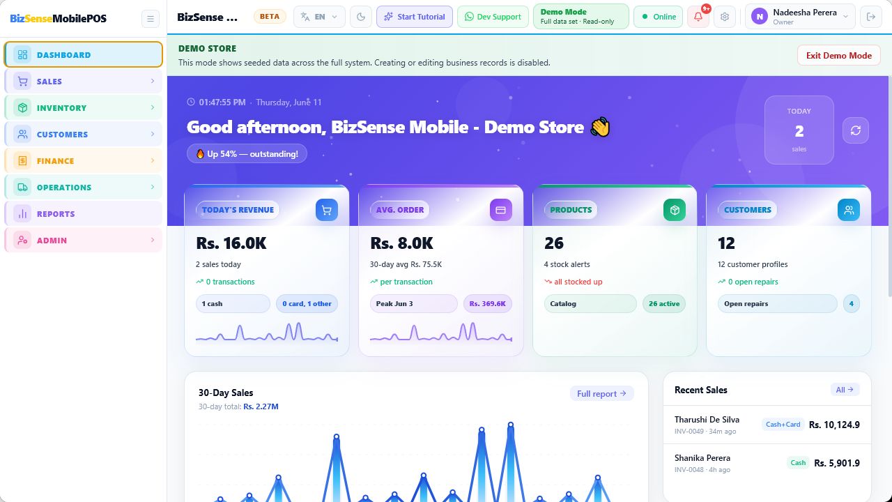 BizSenseMobilePOS dashboard with sales data