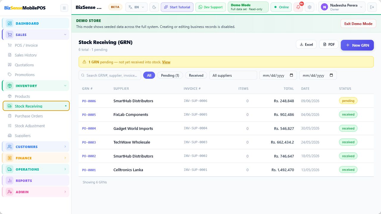 Stock receiving screen with GRN data