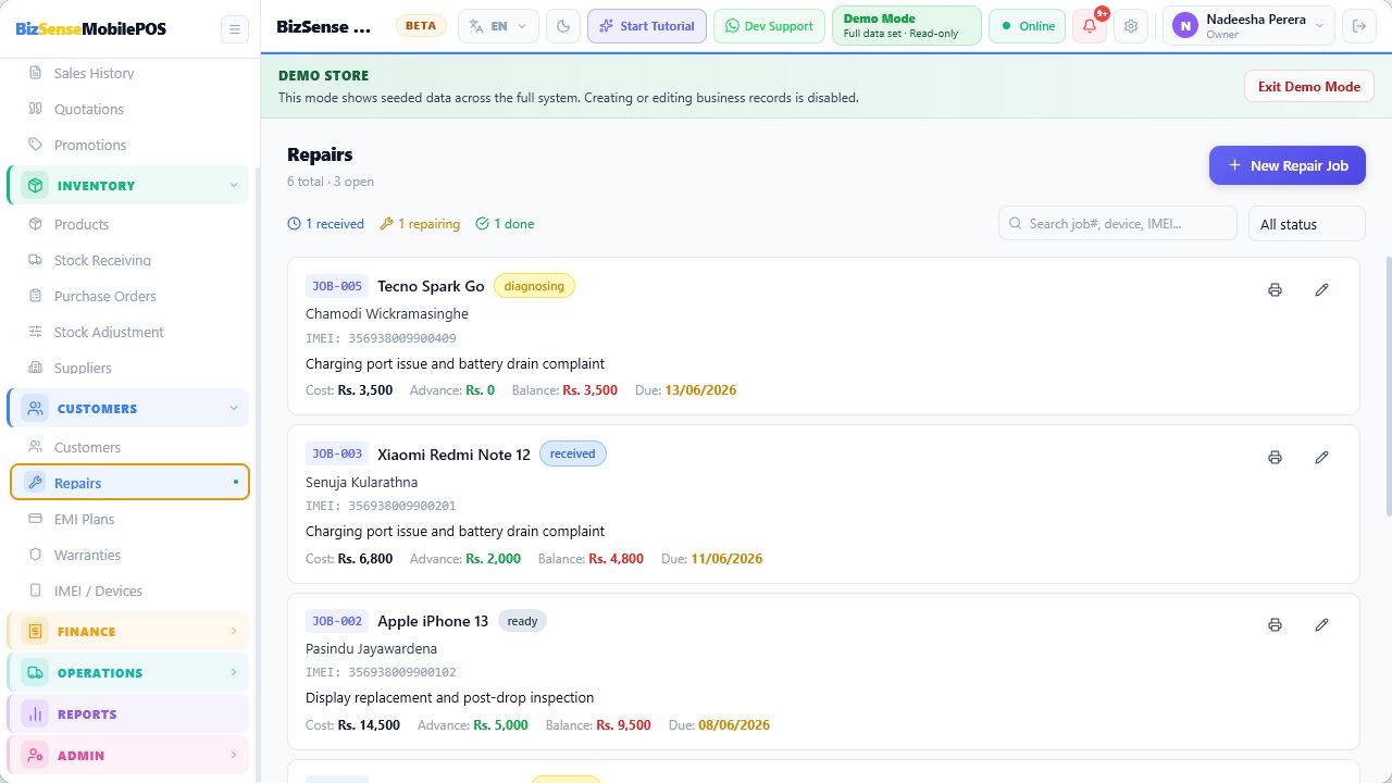 Repair jobs screen with active repair records