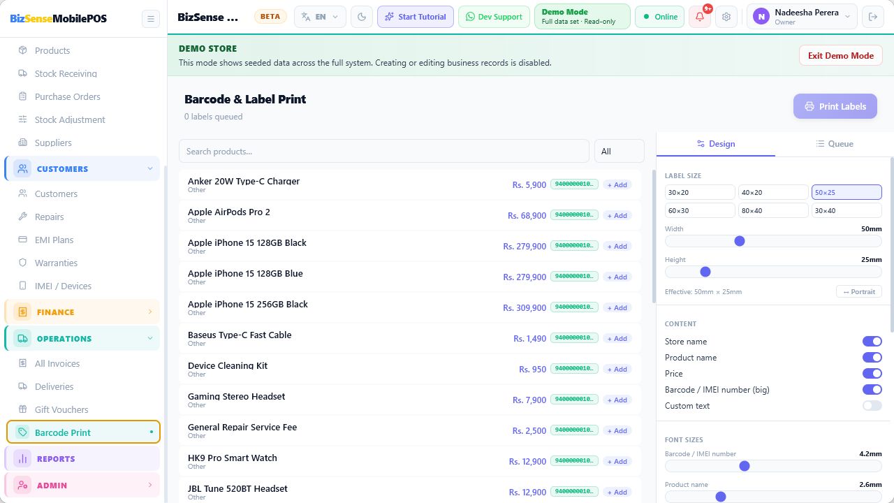 Barcode label editor with printable labels