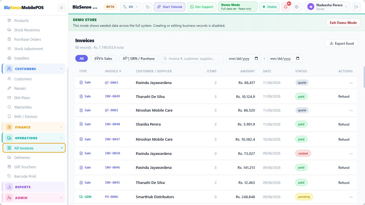 Invoice history with sales records