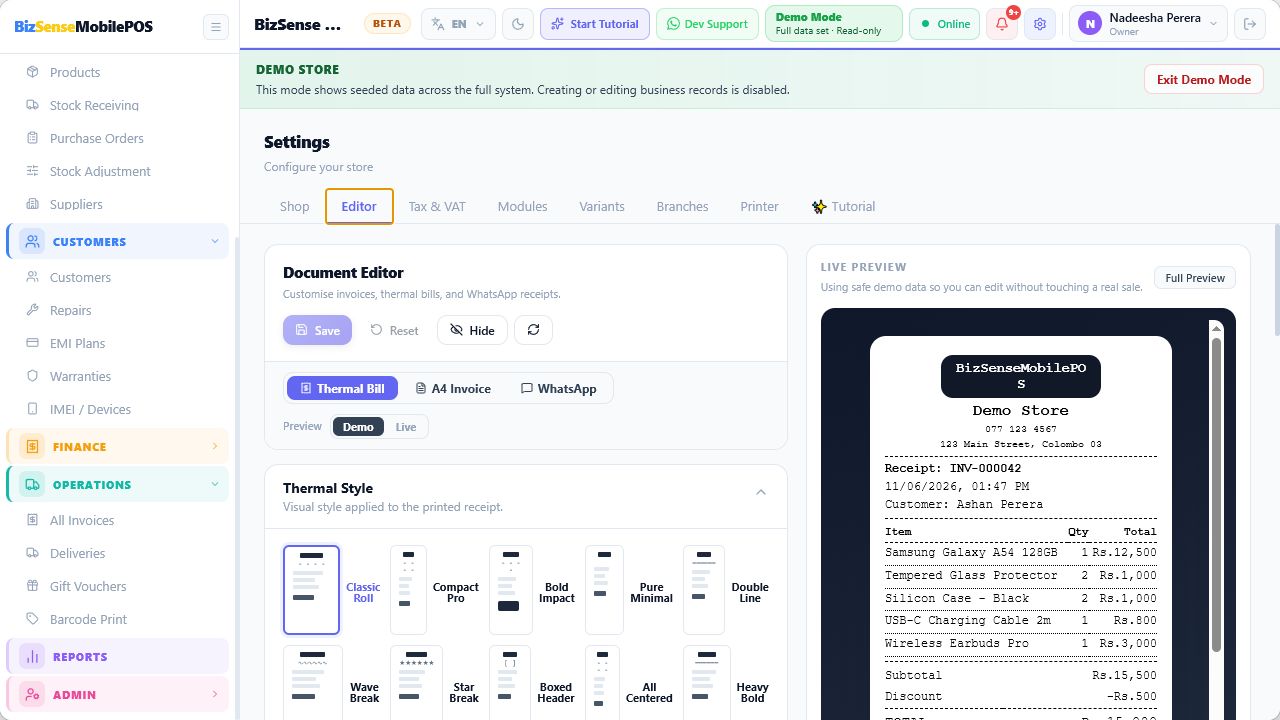 Receipt editor with custom document design