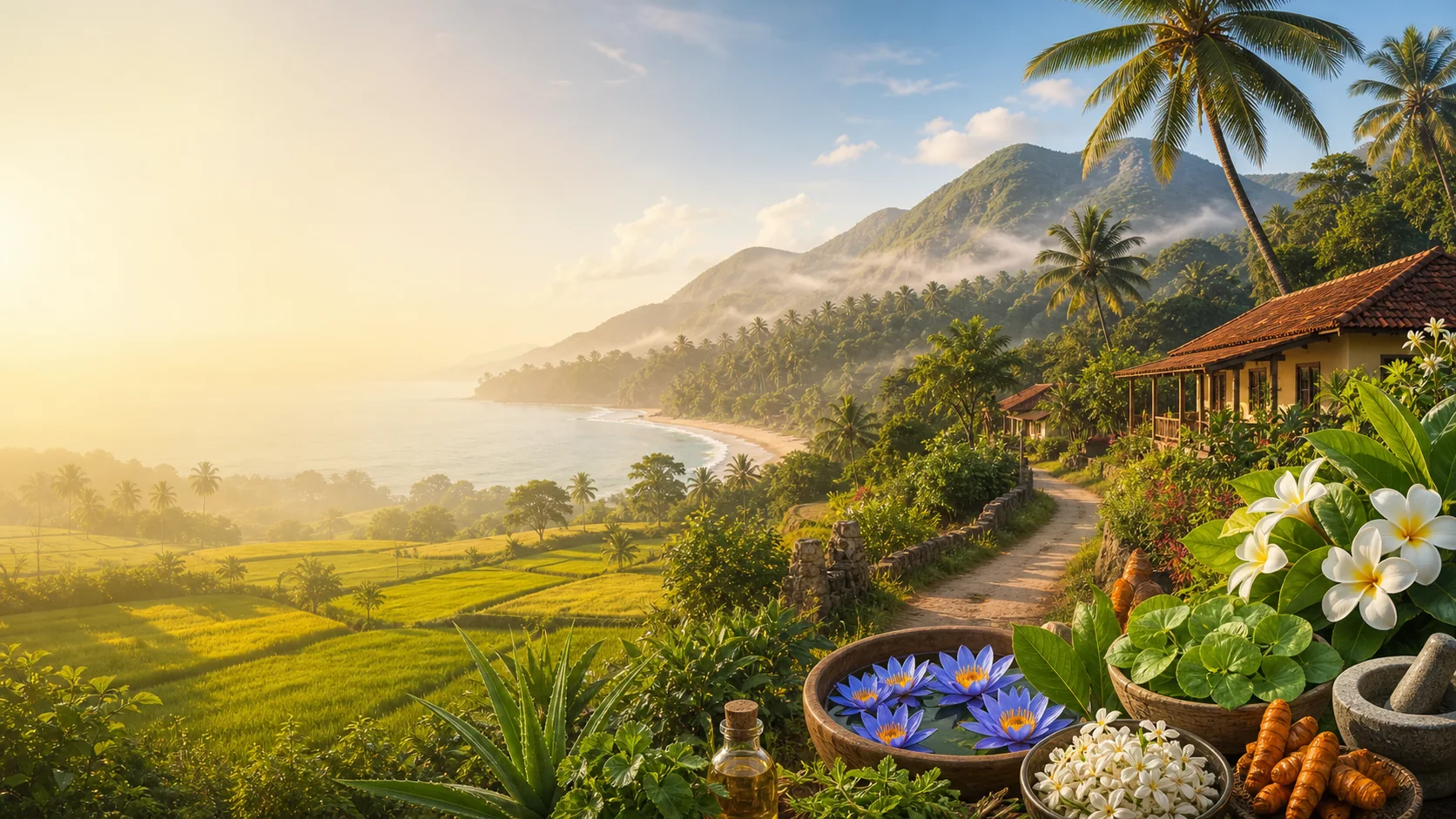 Sri Lankan village, medicinal flowers, tropical beach, palms, and hill-country mountains